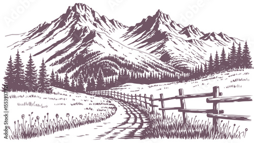 Detailed Mountain Landscape Illustration with Pine Forest Dirt Road and Wooden Fence in Vintage Hand Drawn Style for Outdoor Adventure Nature Posters Scenic Wall Art and Travel Branding