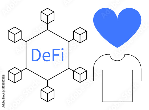Hexagonal blockchain symbol with DeFi in center, blue heart icon above outlined t-shirt. Ideal for fintech, cryptocurrency, blockchain, innovation, transparency, collaboration, simple landing page