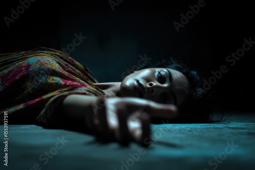 A deceased Asian woman with an extended arm lying on the floor in a dimly lit room