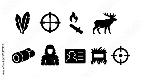 Hunting and wildlife solid icon set. explore nature and outdoor adventure icons