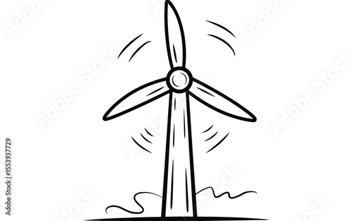 Stylized black and white drawing of a wind turbine with spinning blades and wind lines