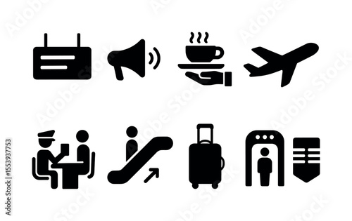 Airport, travel solid icon set. flight, security, boarding icons collection