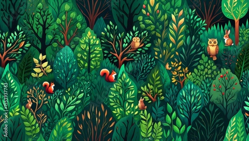 Maximalist vector illustration of a lush, fantastical forest with intricate foliage and hidden creatures