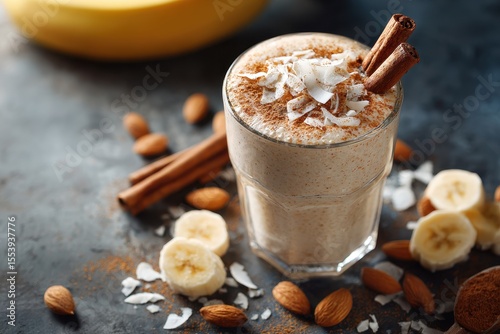 Coconut flaked smoothie with banana ginger cinnamon and almond Focused shot room for text