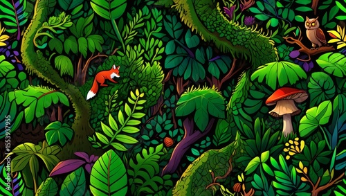 Maximalist vector illustration of a lush, fantastical forest with intricate foliage and hidden creatures