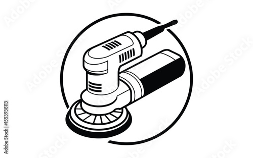 Black and white illustration of a dual action car polisher inside a circle