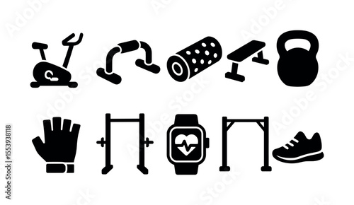 Fitness equipment solid icon set. gym, training tools collection in solid style