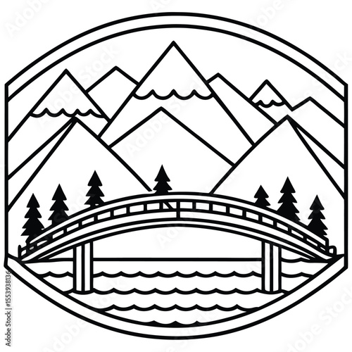 Minimalist line art of a bridge spanning across mountains under a clear sky