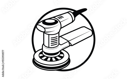 Black and white illustration of a dual action car polisher tool inside a circle