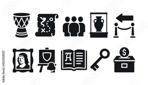 Museum, culture solid icon set. exhibition, history, artifact icons solid collection