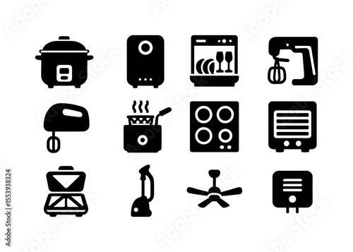 Kitchen appliances silhouette icon set. mixer, dishwasher, rice cooker silhouettes