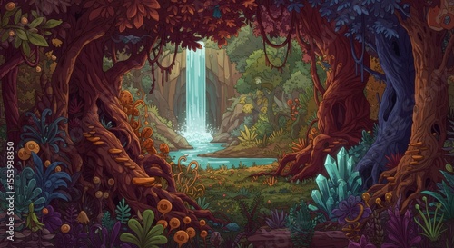 Maximalist vector illustration of a tropical forest