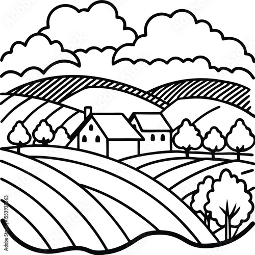 Charming line art illustration of a rural countryside with rolling fields and fluffy clouds