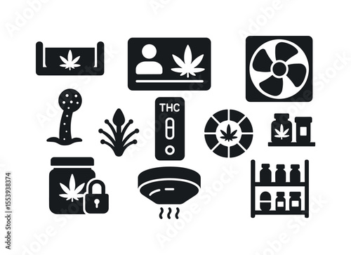 Cannabis safety solid icon set. essential thc safety and identification icons