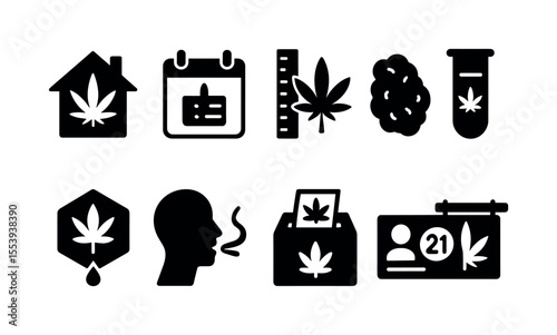 Cannabis silhouette icon set. marijuana, leaf, and legalization symbols in silhouette style