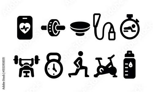 Fitness and exercise solid icon set. gym, workout equipment, health symbols collection