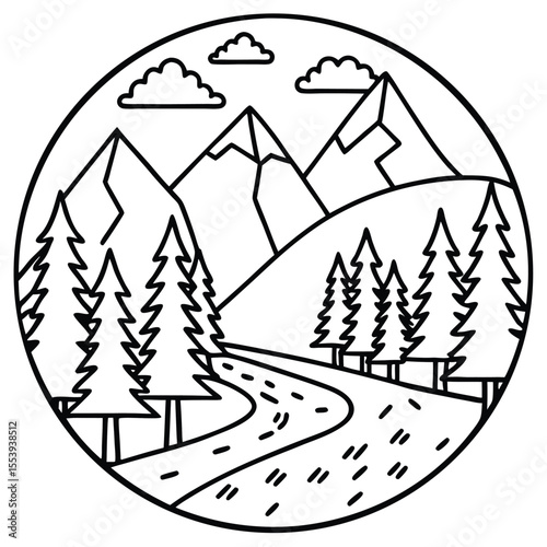 Detailed line art illustration of a serene forest landscape with majestic mountains and a winding path