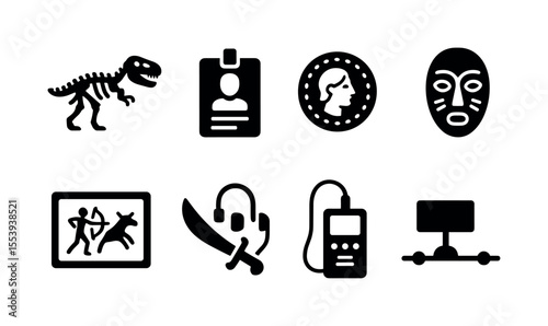 Entertainment, cultural solid icon set. fun, arts, theater, museum, geography icons