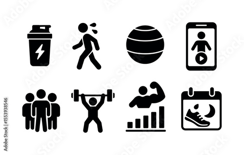 Fitness, exercise solid icon set. training, workout, gym, sports icons solid collection