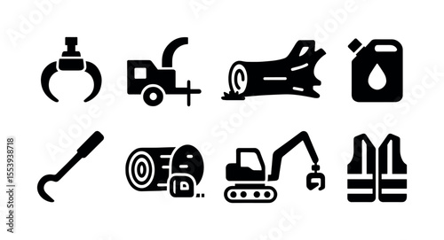 Logging and forestry solid icon set. timber harvesting, woodcutter icons solid collection