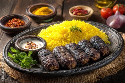 Classic dishes of beef Kofta kebabs and tarb kufta made of minced meat wrapped in lamb fat and grilled served with yellow Basmati rice
