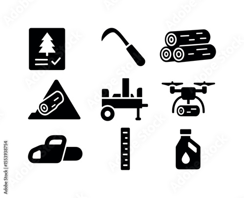 Forestry, logging filled icon set. timber, chainsaw, woodcraft icons collection