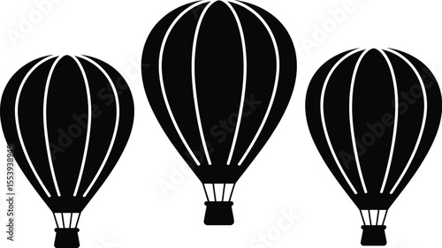 Three black hot air balloons silhouetted against a white background