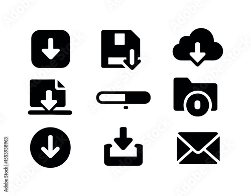 Download, upload solid icon set. essential digital assets and file management symbols