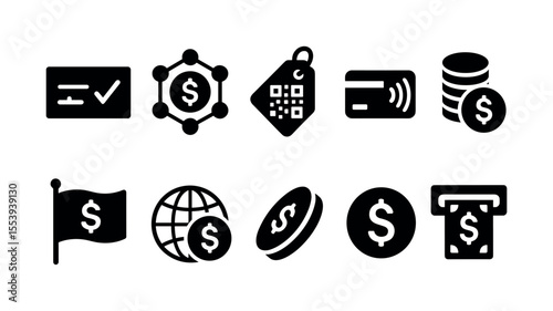 Finance and currency solid icon set. banking and payment symbols collection