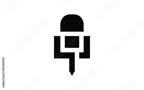 Abstract geometric black symbol resembling a microphone on a white background
