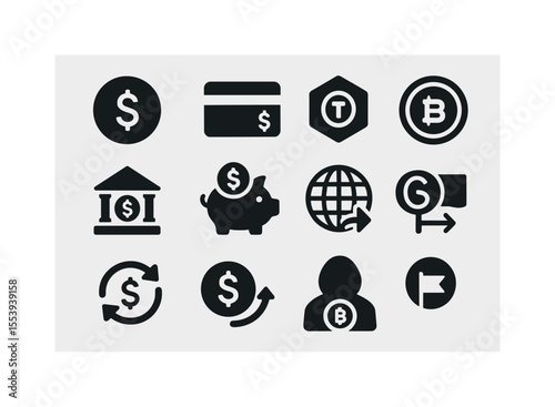Finance, cryptocurrency solid icon set. banking, investment icons stylish collection