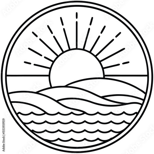 Minimalist line art of a sun rising over a calm sea horizon