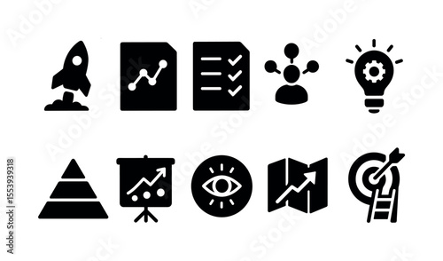 Business analytics solid icon set. strategy, data analysis, management visuals