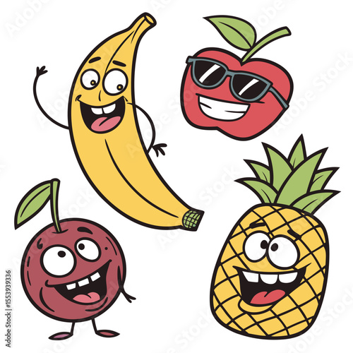 Funny Fruit Characters Vector Set, Quirky Cartoon Fruits with Silly Expressions and Costumes