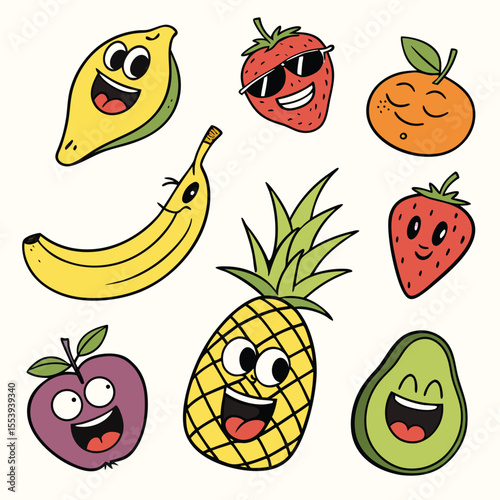 Funny Fruit Characters Vector Set, Quirky Cartoon Fruits with Silly Expressions and Costumes
