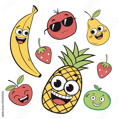 Funny Fruit Characters Vector Set, Quirky Cartoon Fruits with Silly Expressions and Costumes