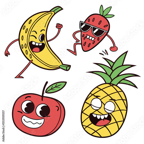Funny Fruit Characters Vector Set, Quirky Cartoon Fruits with Silly Expressions and Costumes