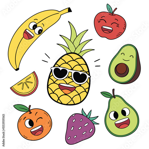 Funny Fruit Characters Vector Set, Quirky Cartoon Fruits with Silly Expressions and Costumes