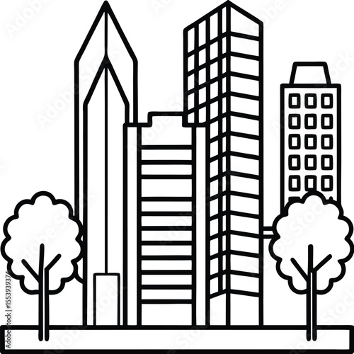 Clean line art illustration of modern skyscrapers and lush trees