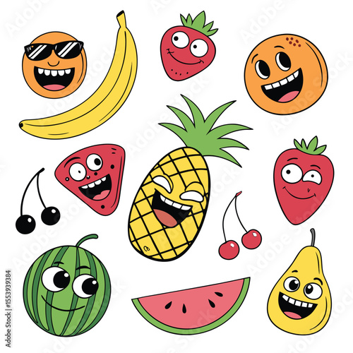 Funny Fruit Characters Vector Set, Quirky Cartoon Fruits with Silly Expressions and Costumes