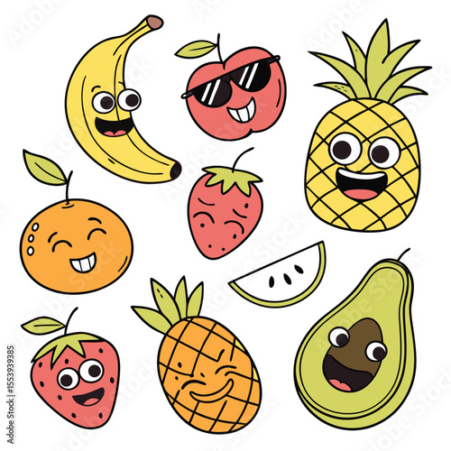 Funny Fruit Characters Vector Set, Quirky Cartoon Fruits with Silly Expressions and Costumes