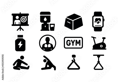 Fitness and exercise solid icon set. workout, gym equipment icon collection