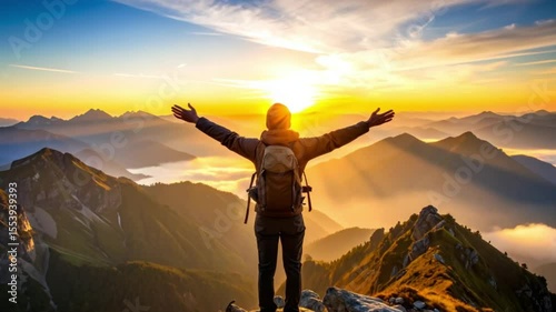 Sunrise hiker celebrates mountaintop view, clouds below