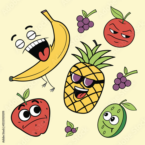 Funny Fruit Characters Vector Set, Quirky Cartoon Fruits with Silly Expressions and Costumes