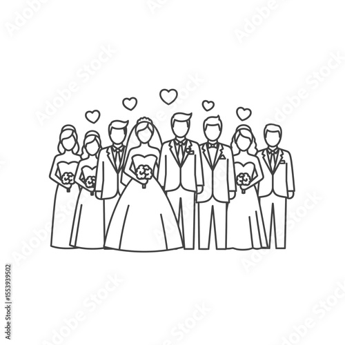 Wedding Party Celebration Outline with Hearts  