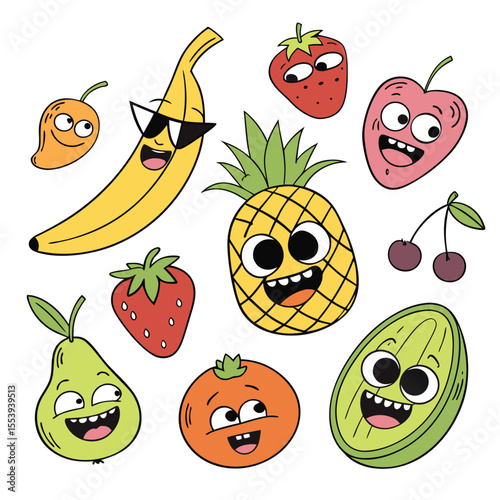 Funny Fruit Characters Vector Set, Quirky Cartoon Fruits with Silly Expressions and Costumes