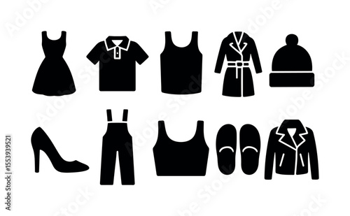 Fashion, clothing solid icon set. stylish wardrobe essentials in a solid collection