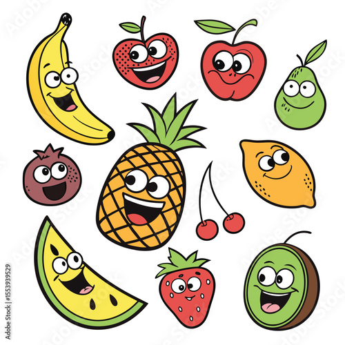 Funny Fruit Characters Vector Set, Quirky Cartoon Fruits with Silly Expressions and Costumes