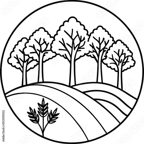 Stylized line art of rolling hills and silhouetted trees in a natural landscape