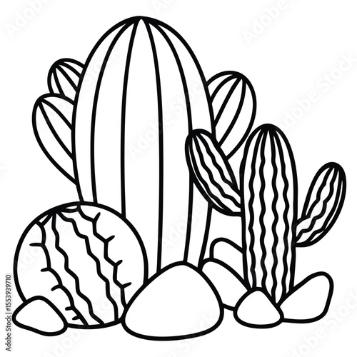 Stylized line art illustration of two desert cacti with textured rocks